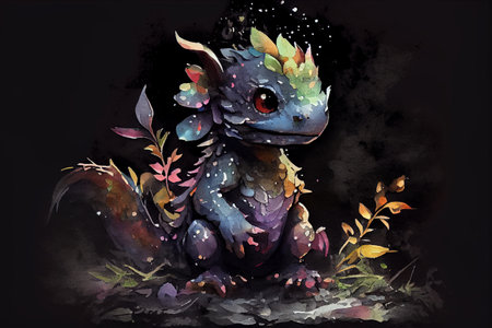 A charming baby dragon, generative ai illustration in watercolor style with delicate brushstrokes and soft colors creating a dreamy atmosphereの素材