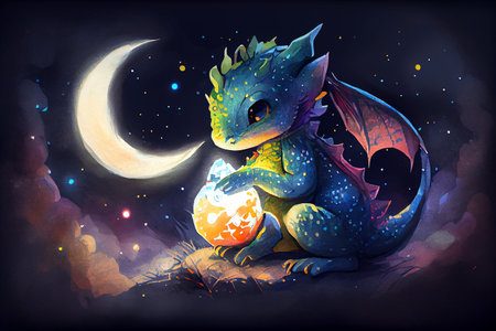 A charming baby dragon holding a luminous moon in its tiny hands, generative ai illustration in watercolor style with delicate brushstrokes and soft colors creating a dreamy atmosphereの素材