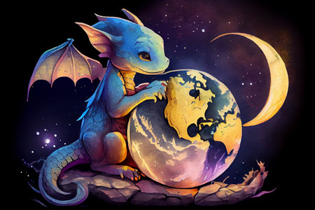A charming baby dragon holding an Earth planet in its tiny hands, generative ai illustration in watercolor style with delicate brushstrokes and soft colors creating a dreamy atmosphereの素材