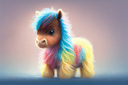 A baby horse, captured in a colorful and pastel palette, with delicate strokes that convey a sense of innocence and joy, generative ai illustration in oil pastel drawing styleの素材