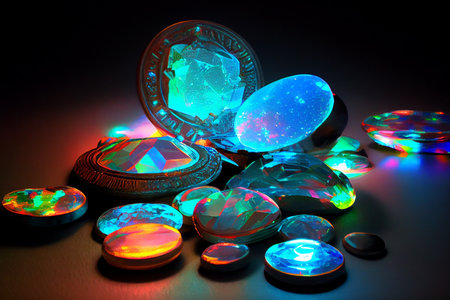 Colorful coins and gemstones, photorealistic generative ai illustration creating a dazzling display of wealth and luxuryの素材