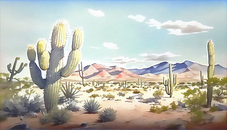 A beautiful desert landscape featuring cactuses in different shapes and sizes, generative ai illustration. The soft and subtle colors of the sky and sand fit with the soft green tones of the cactiの素材