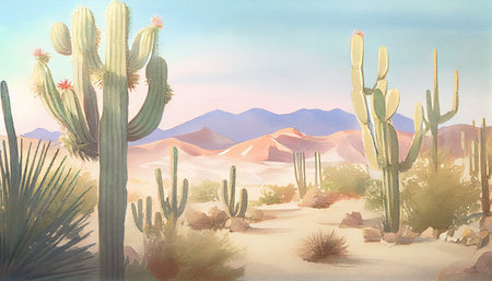A beautiful desert landscape featuring cactuses in different shapes and sizes, generative ai illustration. The soft and subtle colors of the sky and sand fit with the soft green tones of the cactiの素材