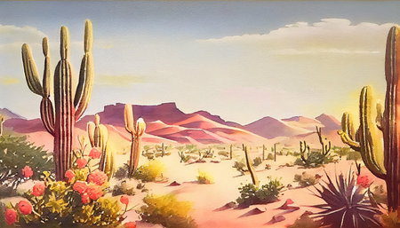 A beautiful desert landscape featuring cactuses in different shapes and sizes, generative ai illustration. The soft and subtle colors of the sky and sand fit with the soft green tones of the cactiの素材
