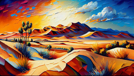 A desert landscape with sand dunes, generative ai illustration in oil painting style using vivid colors to create a striking and intense visual experienceの素材