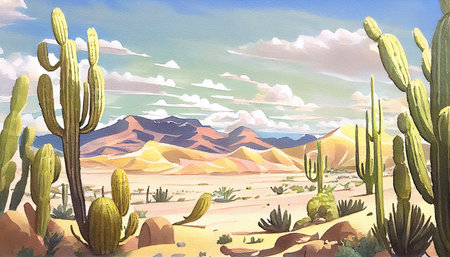 A beautiful desert landscape featuring cactuses in different shapes and sizes, generative ai illustration. The soft and subtle colors of the sky and sand fit with the soft green tones of the cactiの素材