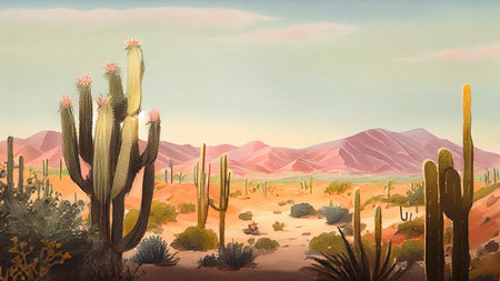 A beautiful desert landscape featuring cactuses in different shapes and sizes, generative ai illustration. The soft and subtle colors of the sky and sand fit with the soft green tones of the cactiの素材