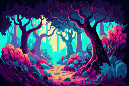 Fantasy beautiful forest with big trees and road, digital illustrationのイラスト素材