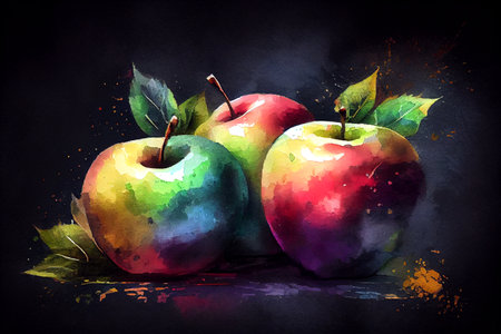 A group of fresh apples on a dark background, with vivid colors and contrast, generative ai illustration in watercolor styleの素材