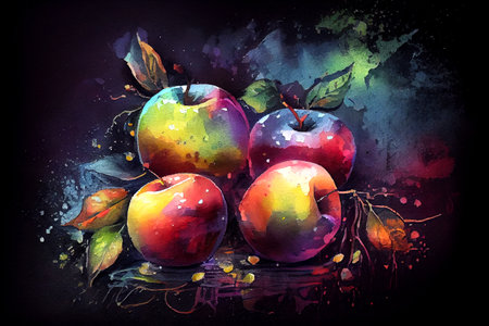A group of fresh apples on a dark background, with vivid colors and contrast, generative ai illustration in watercolor styleの素材