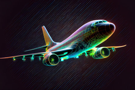 Airplane colorful hologram on dark background, generative ai illustrationの素材