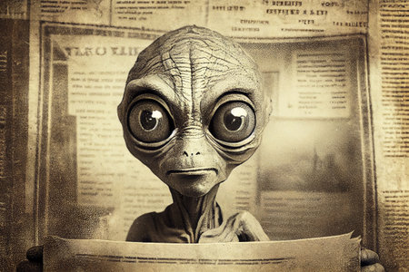 Portrait of a humanoid alien in style of vintage newspaper article or an old photograph, generative ai illustrationの素材