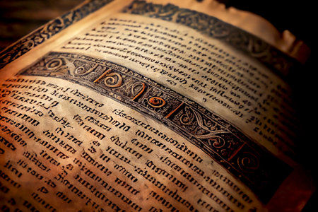 Antique book page with text on abstract language, ai illustration. Old style book pageの素材