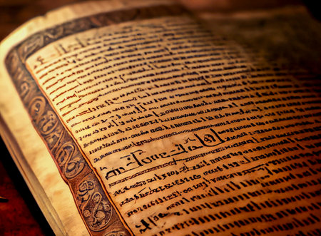 Antique book page with text on abstract language, ai illustration. Old style book pageの素材