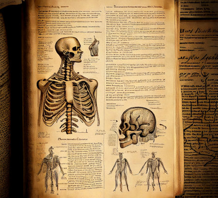 Antique book page with text on abstract language and abstract scientific medical drawings, ai illustration. Old style book pageの素材