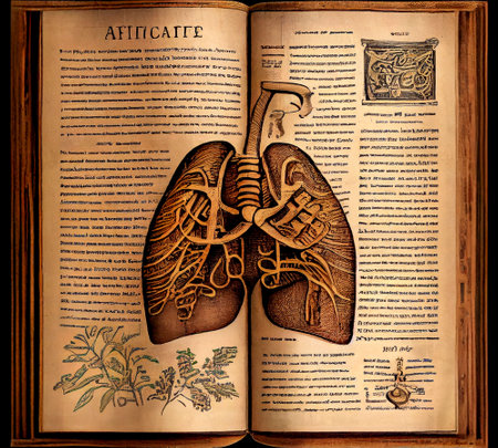 Antique book page with text on abstract language and abstract scientific medical drawings, ai illustration. Old style book pageの素材
