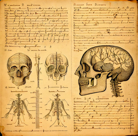 Antique book page with text on abstract language and abstract scientific medical drawings, ai illustration. Old style book pageの素材