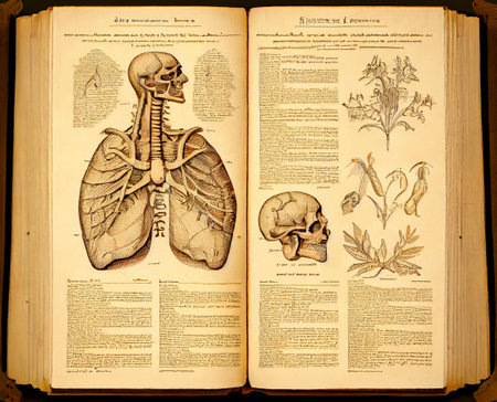 Antique book page with text on abstract language and abstract scientific medical drawings, ai illustration. Old style book pageの素材