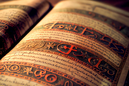 Antique book page with text on abstract language, ai illustration. Old style book pageの素材