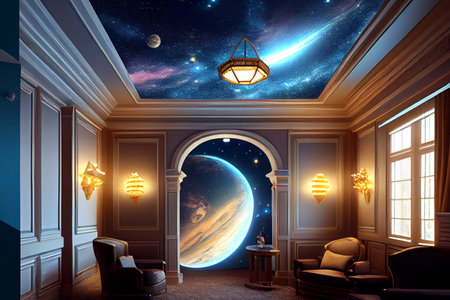 Fantasy astronomer room, ai generated illustration. Astronomer kids room interiorの素材