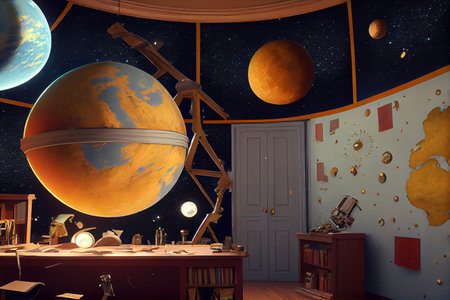 Fantasy astronomer room, ai generated illustration. Astronomer kids room interiorの素材