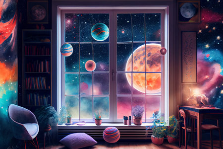 Fantasy astronomer room, ai generated illustration. Astronomer kids room interiorの素材