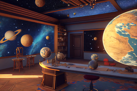 Fantasy astronomer room, ai generated illustration. Astronomer kids room interiorの素材