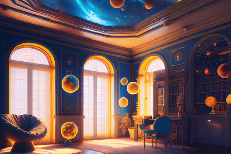 Fantasy astronomer room, ai generated illustration. Astronomer kids room interiorの素材