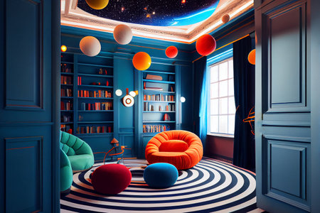 Fantasy astronomer room, ai generated illustration. Astronomer kids room interiorの素材