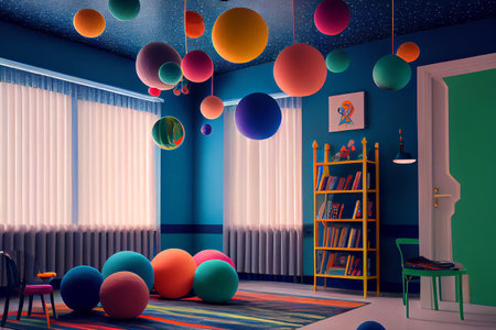 Fantasy astronomer room, ai generated illustration. Astronomer kids room interiorの素材