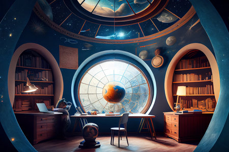 Fantasy astronomer room, ai generated illustration. Astronomer kids room interiorの素材