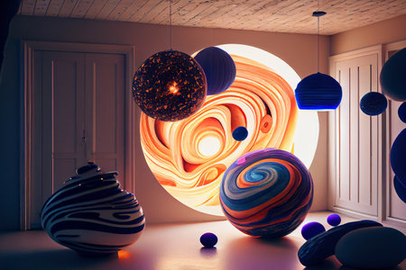 Fantasy astronomer room, ai generated illustration. Astronomer kids room interiorの素材