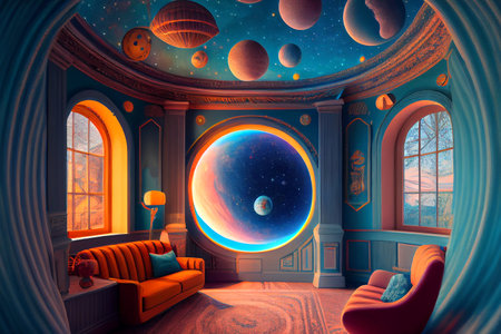 Fantasy astronomer room, ai generated illustration. Astronomer kids room interiorの素材
