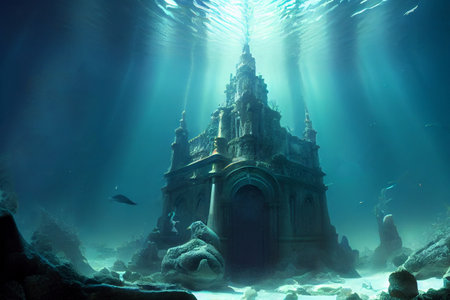 Mythical underwater city Atlantis, generative ai. Depicting a lost civilization's remnants amidst marine life and coral reefsの素材