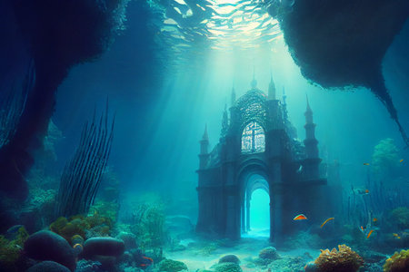 Mythical underwater city Atlantis, generative ai. Depicting a lost civilization's remnants amidst marine life and coral reefsの素材