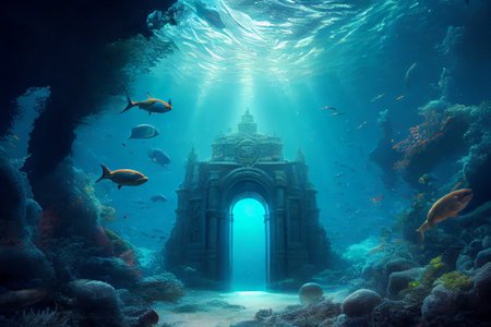 Mythical underwater city Atlantis, generative ai. Depicting a lost civilization's remnants amidst marine life and coral reefsの素材