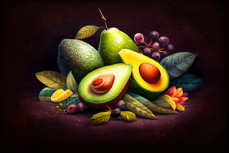 Avocado on a dark background, with rich colors and contrast, still life generative ai illustration in watercolor styleの素材