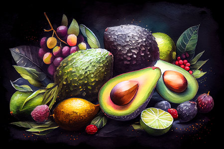 Avocado on a dark background, with rich colors and contrast, still life generative ai illustration in watercolor styleの素材