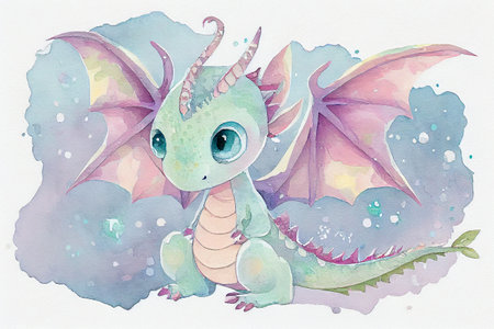 A cute baby dragon in boho style, with feathers, flowers, and intricate patterns, generative ai illustration in watercolor styleの素材