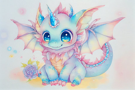 A cute baby dragon in boho style, with feathers, flowers, and intricate patterns, generative ai illustration in watercolor styleの素材