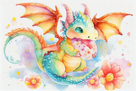 A cute baby dragon in boho style, with feathers, flowers, and intricate patterns, generative ai illustration in watercolor styleの素材