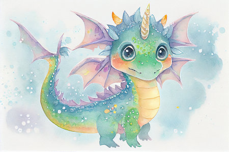 A cute baby dragon in boho style, with feathers, flowers, and intricate patterns, generative ai illustration in watercolor styleの素材