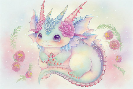 A cute baby dragon in boho style, with feathers, flowers, and intricate patterns, generative ai illustration in watercolor styleの素材