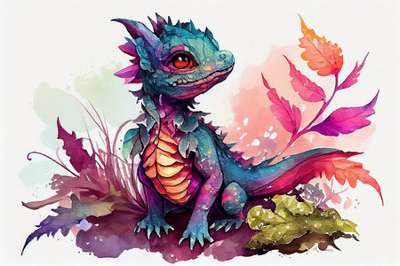 A cute baby dragon in boho style, with feathers, flowers, and intricate patterns, generative ai illustration in watercolor styleの素材