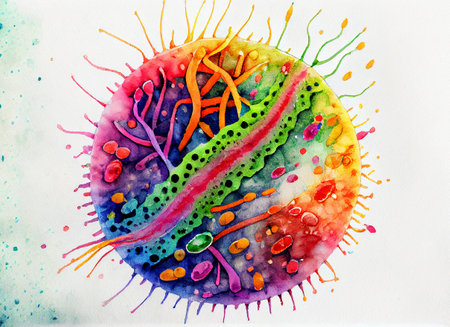 Beautiful microworld, colorful microbes of different shapes, generative ai illustration in watercolor style.の素材
