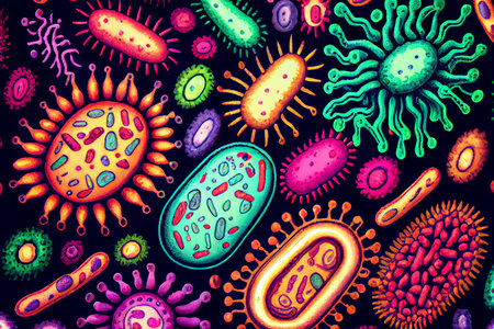 Beautiful microworld, colorful microbes of different shapes, ai generated illustrationの素材