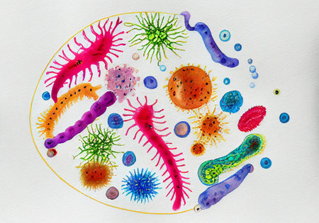 Beautiful microworld, colorful microbes of different shapes, generative ai illustration in watercolor style.の素材