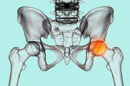Femur bone affected by Legg-Calve-Perthes Disease, a childhood hip disorder that affects the blood supply to the femoral head, 3D illustration shows affected left femur bone (right side of the image)の写真素材