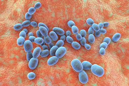 Rhodotorula fungi, 3D illustration. Pigment producing yeasts, in immunocompromised and patients with...