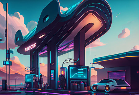 A sleek, futuristic petrol station, generative ai illustration, with cutting-edge architecture and advanced technology with futuristic vehicles refueling at the station.の素材